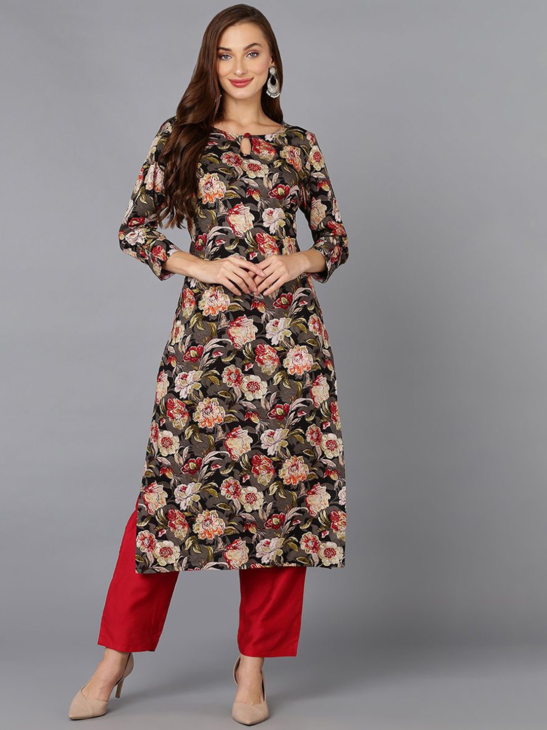 

KALINI Floral Printed Keyhole Neck Straight Kurta, Black