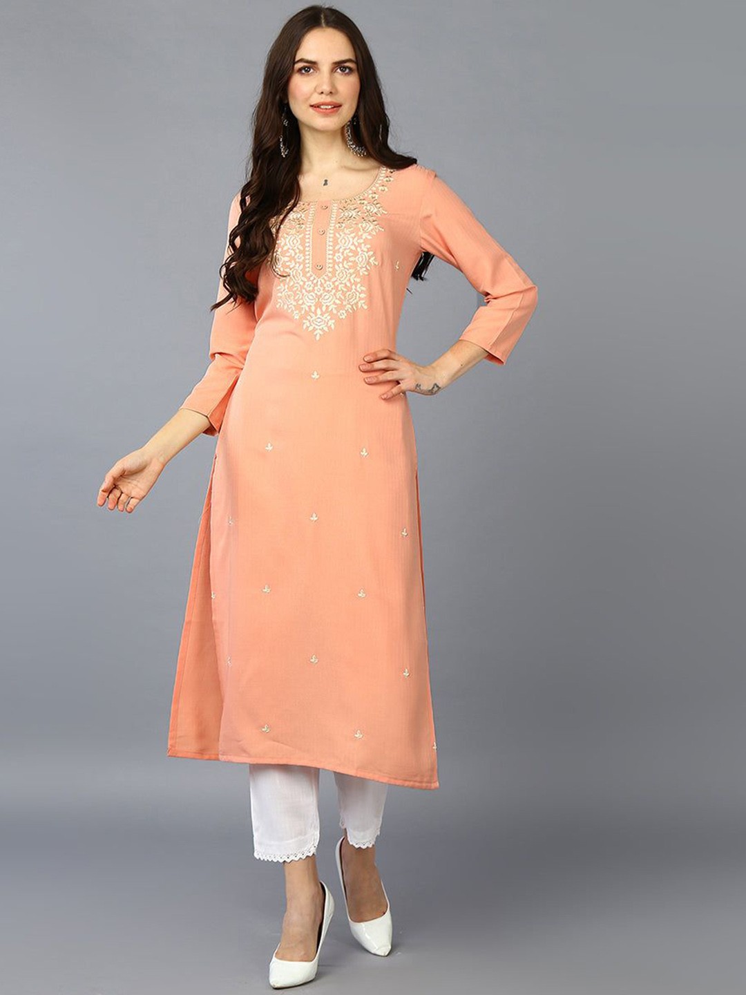 

KALINI Round Neck Embroidered Thread Work Straight Kurta, Peach