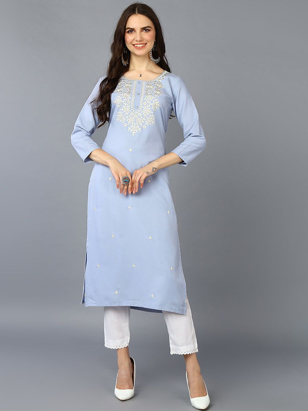 

KALINI Round Neck Embroidered Straight Kurta, Blue