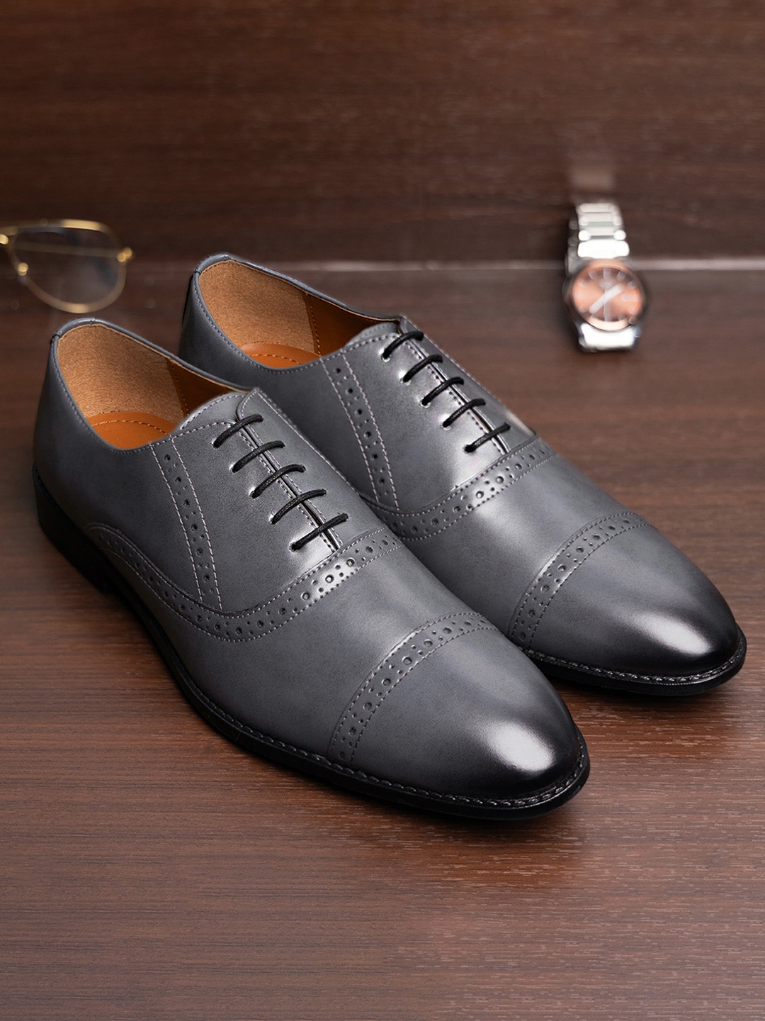 

LOUIS STITCH Men Textured Formal Lace Up Oxford Shoes, Grey