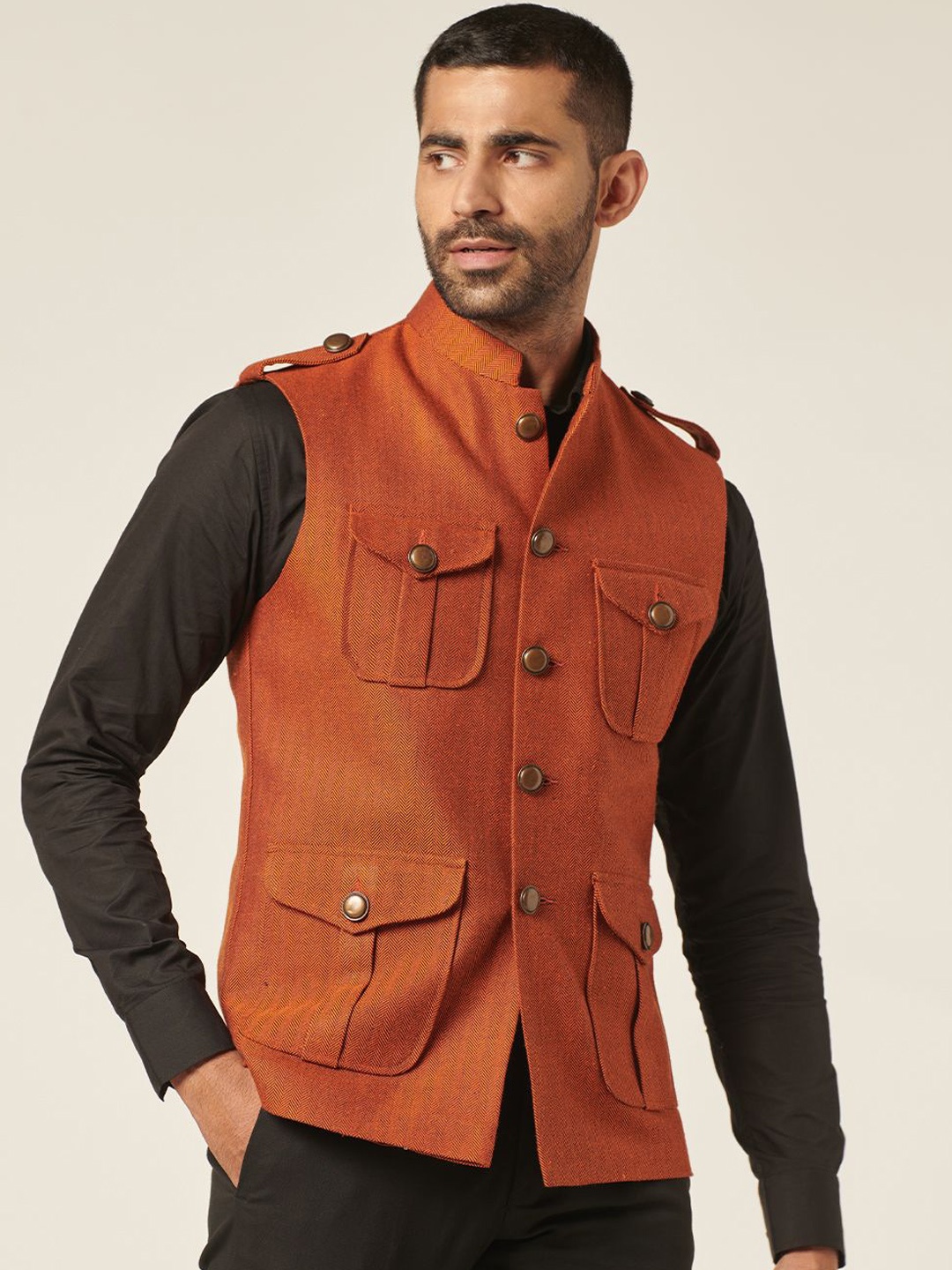 

MR BUTTON Woven Nehru Jacket, Orange