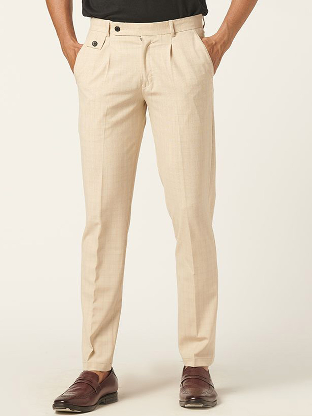 

MR BUTTON Men Mid-Rise Slim Fit Trousers, Beige