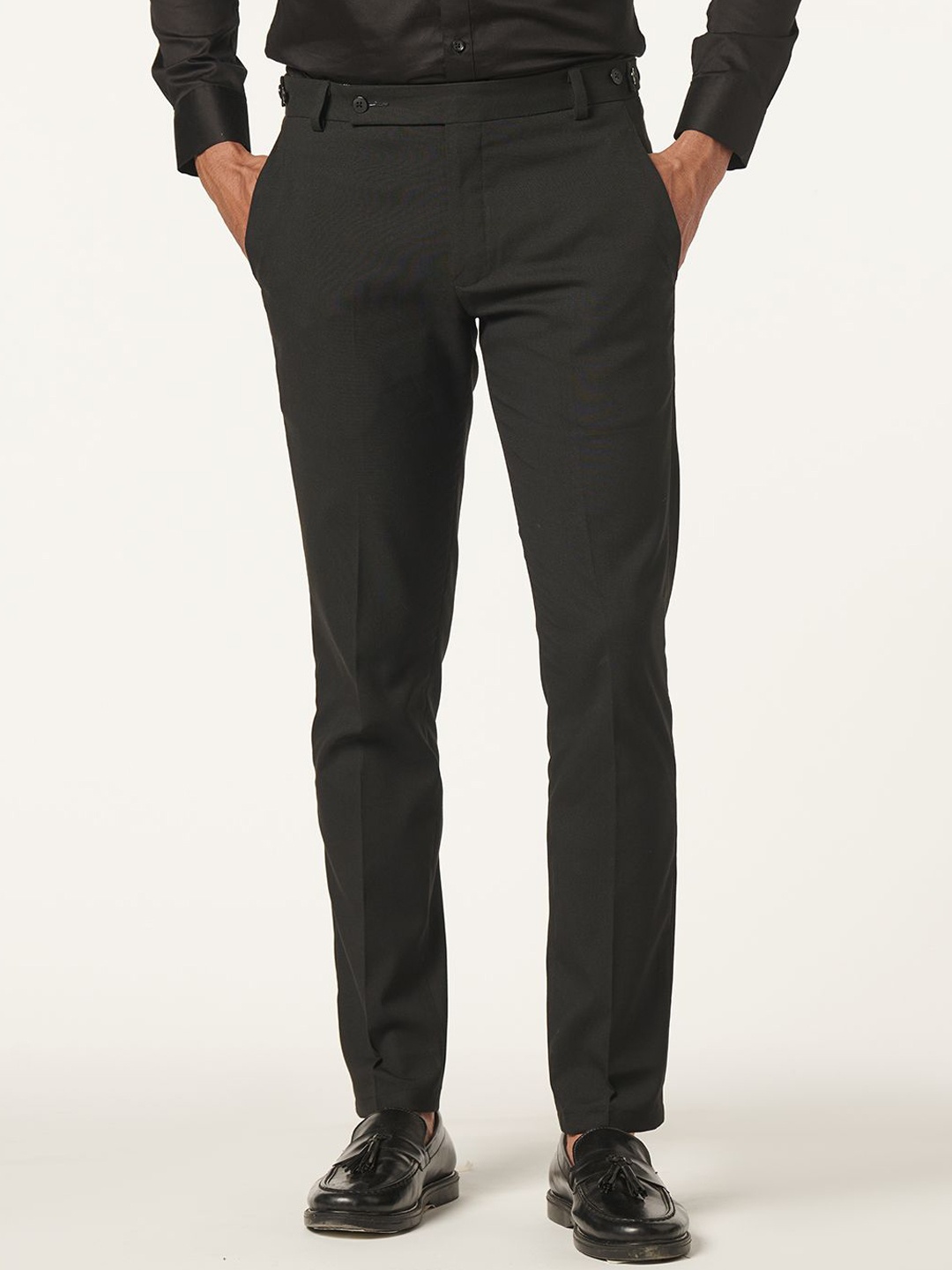 

MR BUTTON Men Mid-Rise Slim Fit Trousers, Black