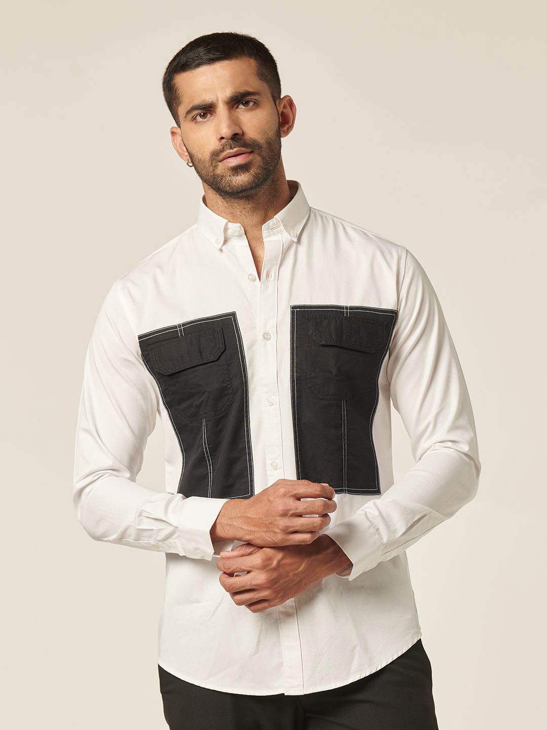 

MR BUTTON Men Slim Fit Opaque Colourblocked Semiformal Shirt, White