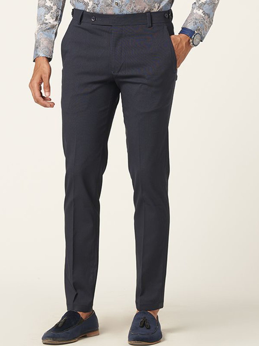 

MR BUTTON Men Slim Fit Mid-Rise Trousers, Blue