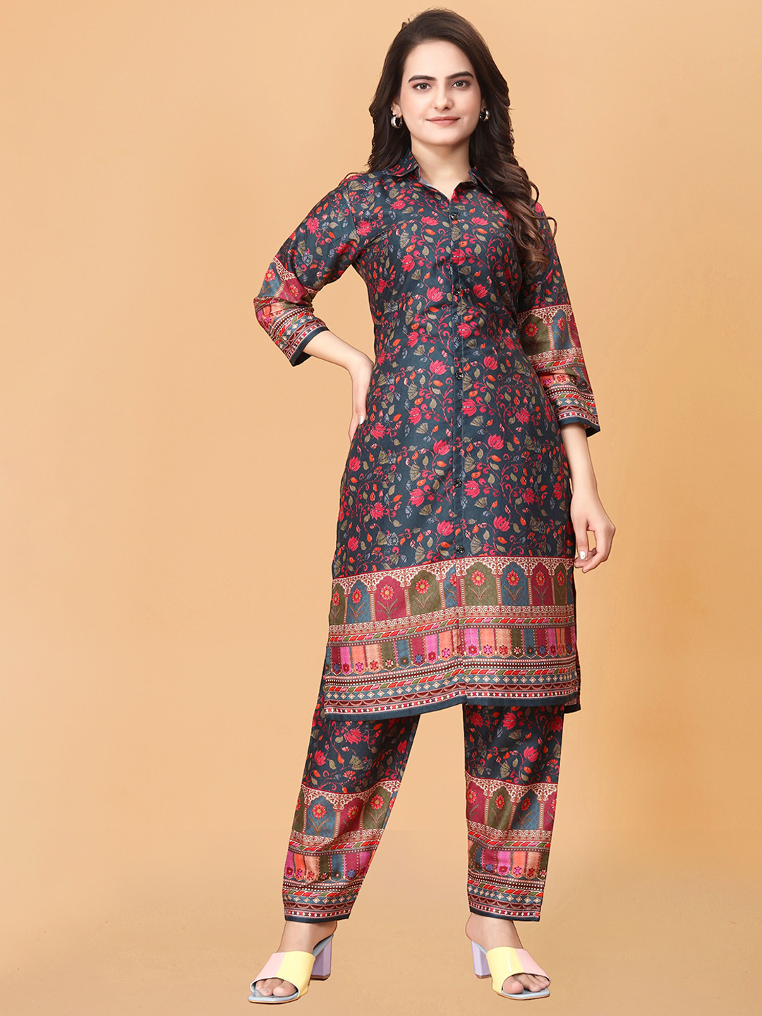 

Ashiya Fab Floral Printed Shirt Collar Tunic With Trousers, Black