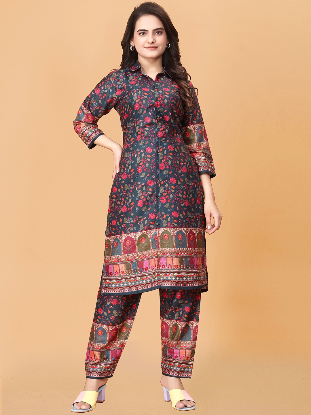 

Ashiya Fab Floral Printed Shirt Collar Tunic With Trousers, Black