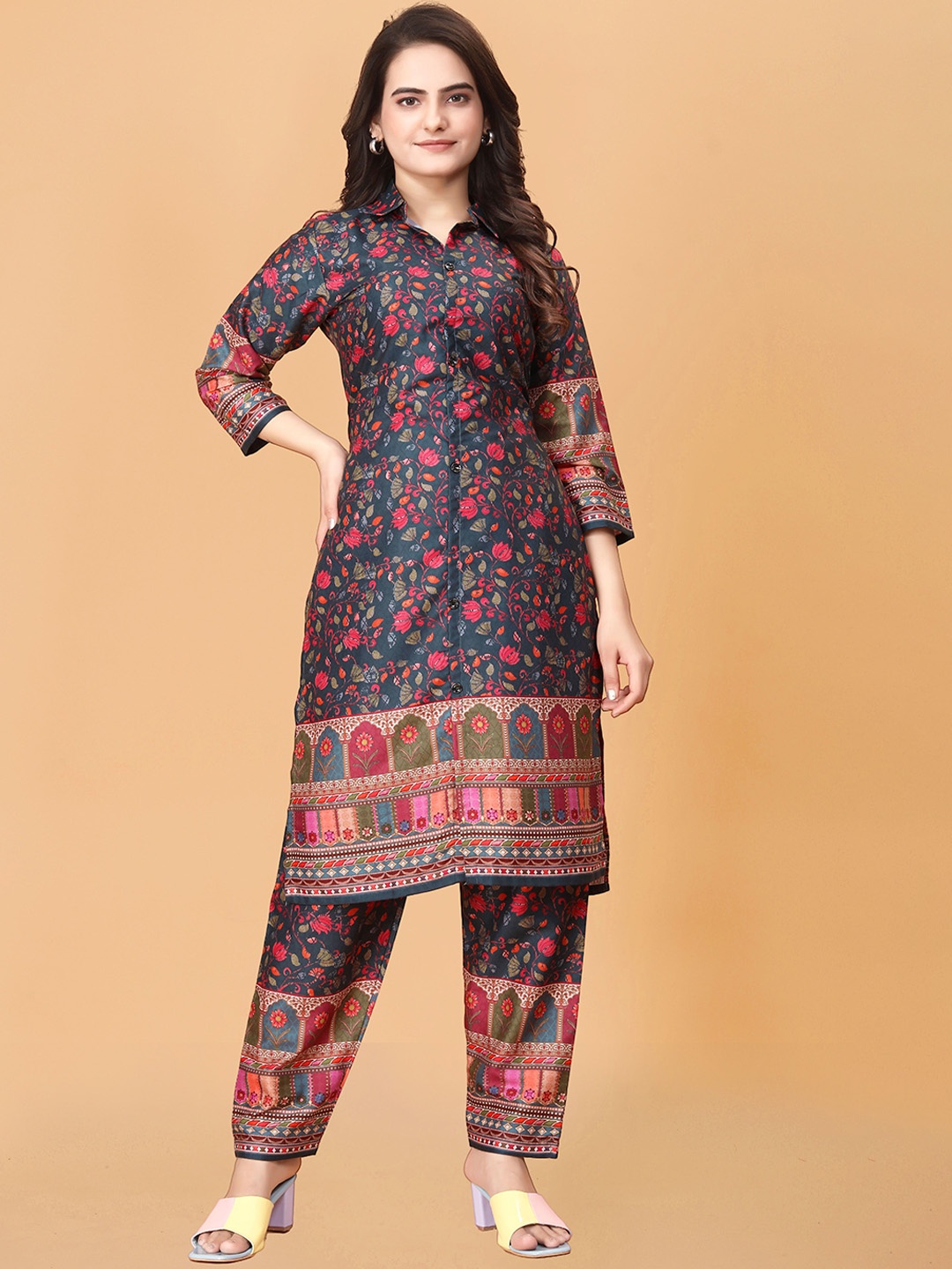 

Ashiya Fab Floral Printed Shirt Collar Tunic With Trousers, Black