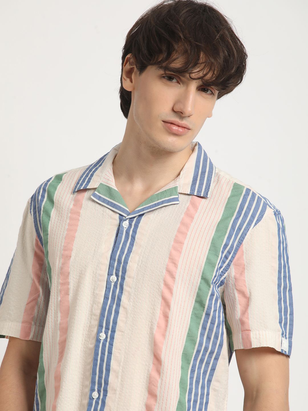 

THE BEAR HOUSE Vertical Striped Cuban Collar Pure Cotton Casual Shirt, Off white