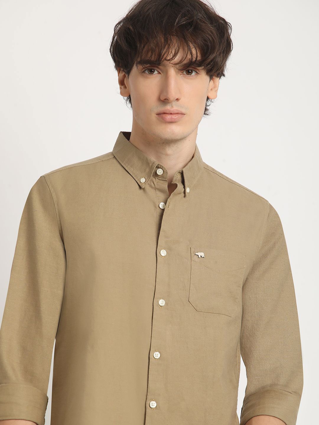 

THE BEAR HOUSE Slim Fit Button Down Collar Pure Cotton Casual Shirt, Beige