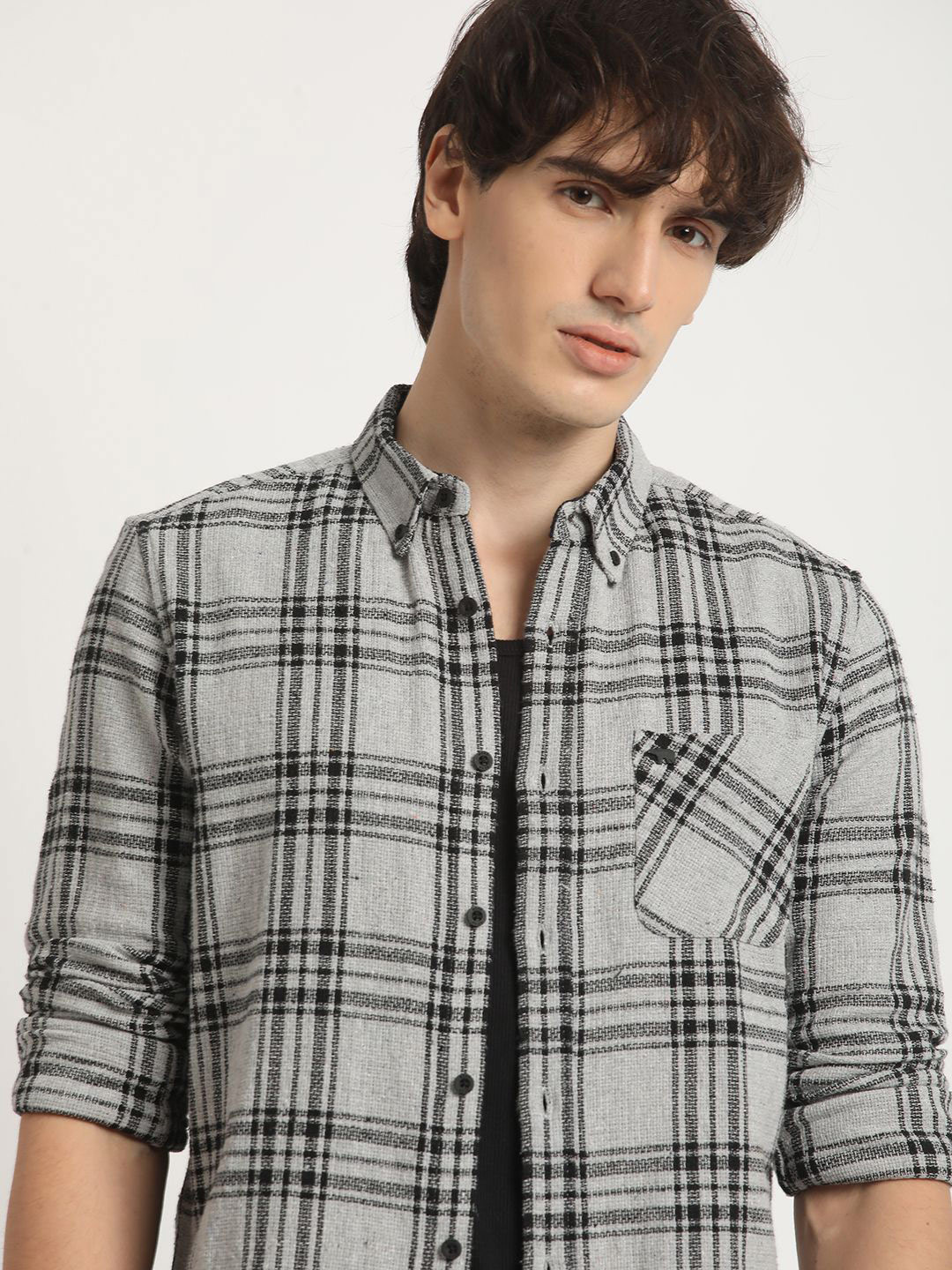 

THE BEAR HOUSE Checked Slim Fit Pure Cotton Casual Shirt, Grey