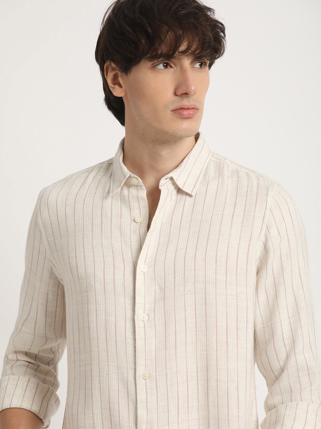 

THE BEAR HOUSE Vertical Striped Slim Fit Casual Shirt, Beige