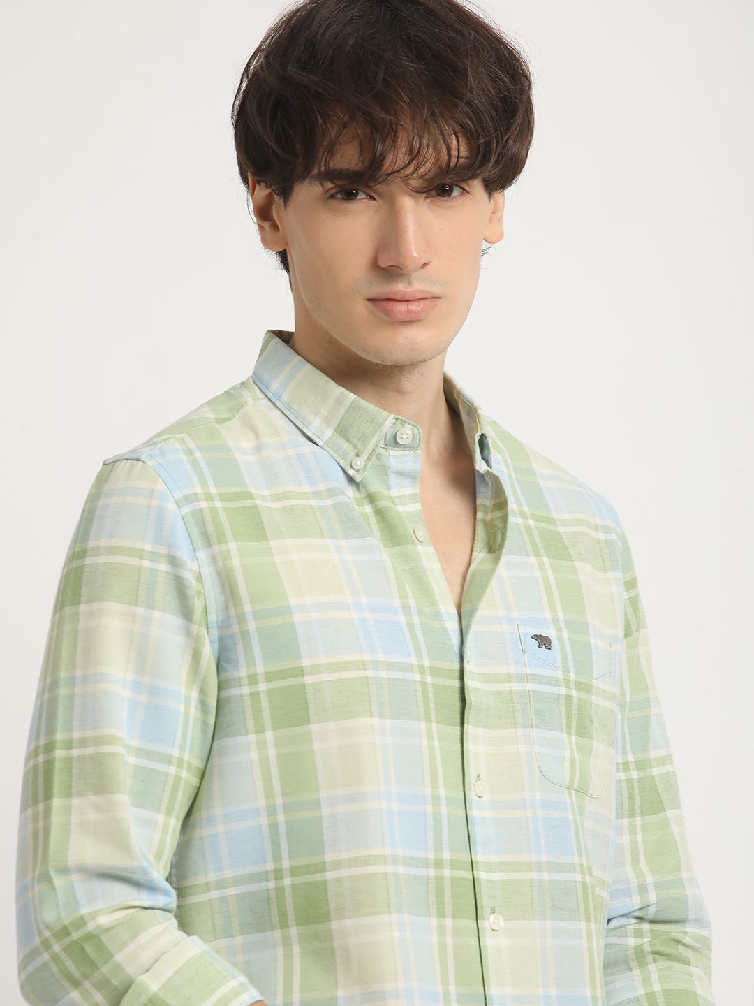 

THE BEAR HOUSE Pure Cotton Checked Slim Fit Casual Shirt, Green