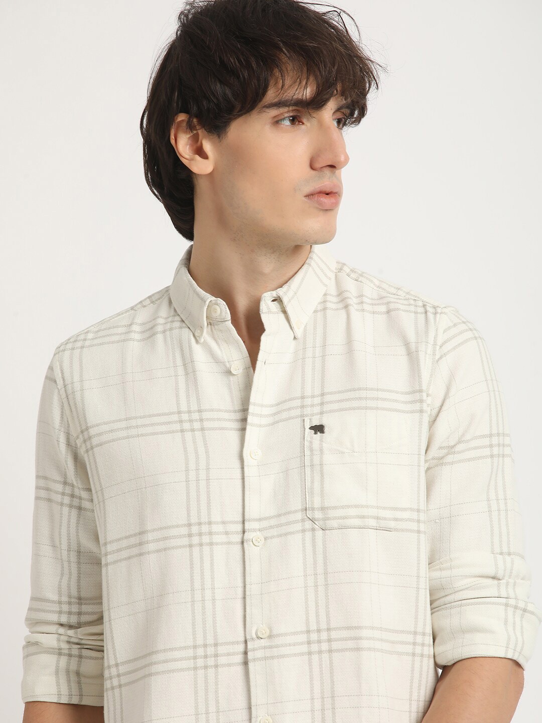

THE BEAR HOUSE Checked Slim Fit Button Down Collar Casual Shirt, White