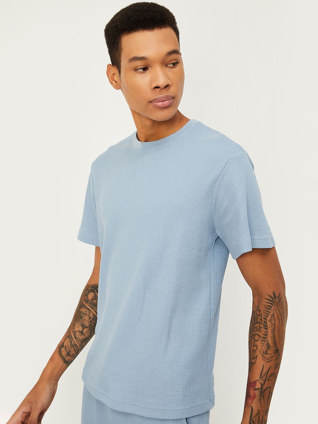 

max Round Neck Short Sleeves Pure Cotton Lounge T-shirt, Blue