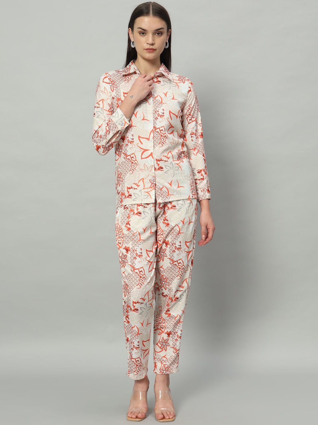 

Ashiya Fab Floral Printed Three-Quarter Sleeves Shirt With Trousers, Cream