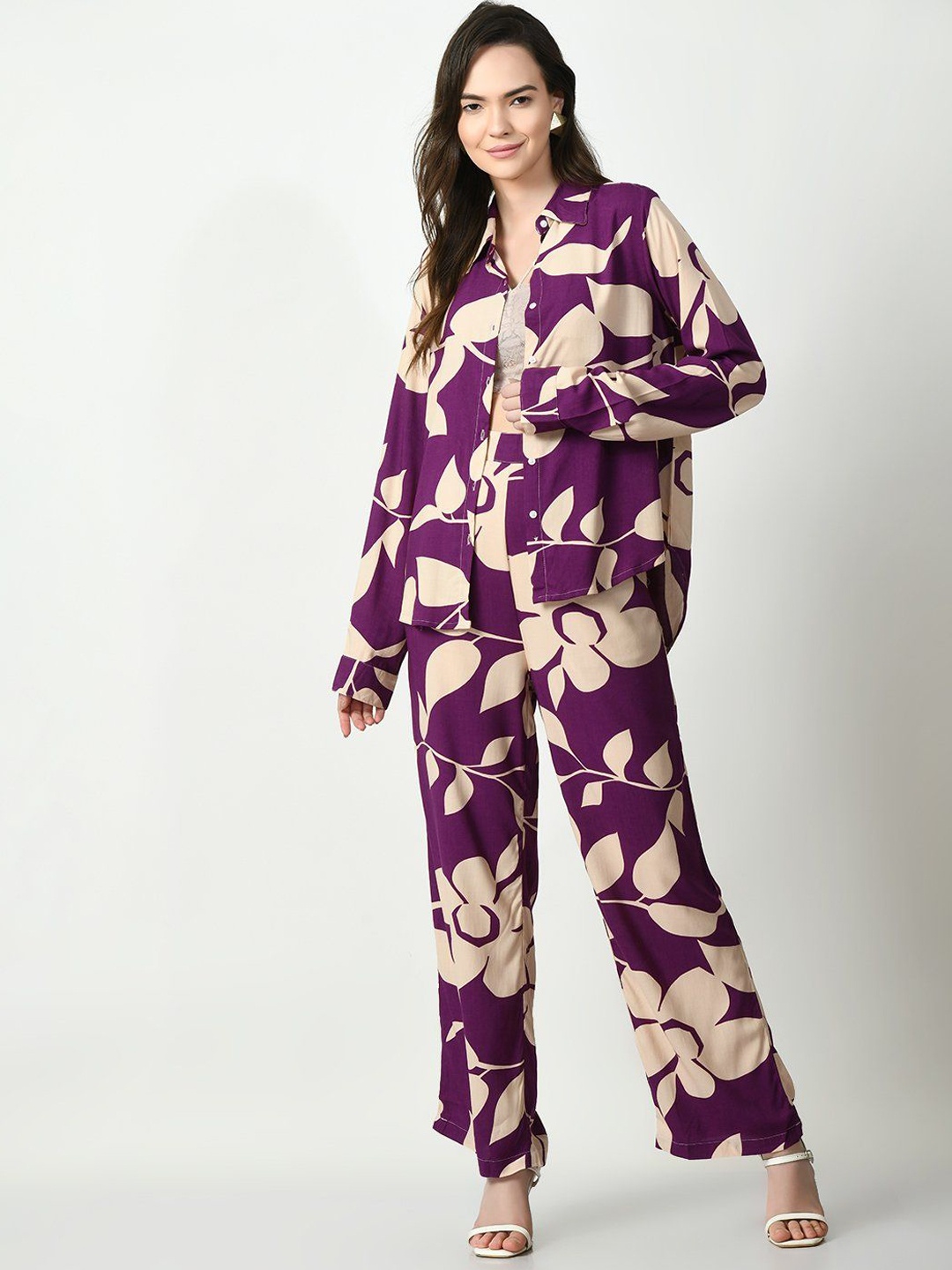 

Ashiya Fab Abstract Printed Long Sleeves Shirt With Palazzo, Purple