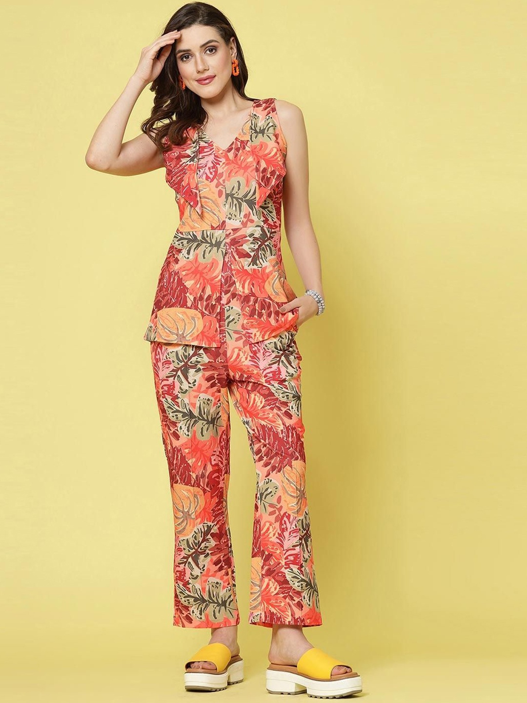 

Ashiya Fab Floral Printed V-Neck Sleeveless Front Slits Top With Trousers, Orange