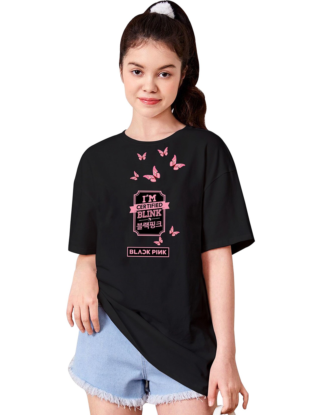 BAESD Girls Typography Printed Oversized T-shirt, Black