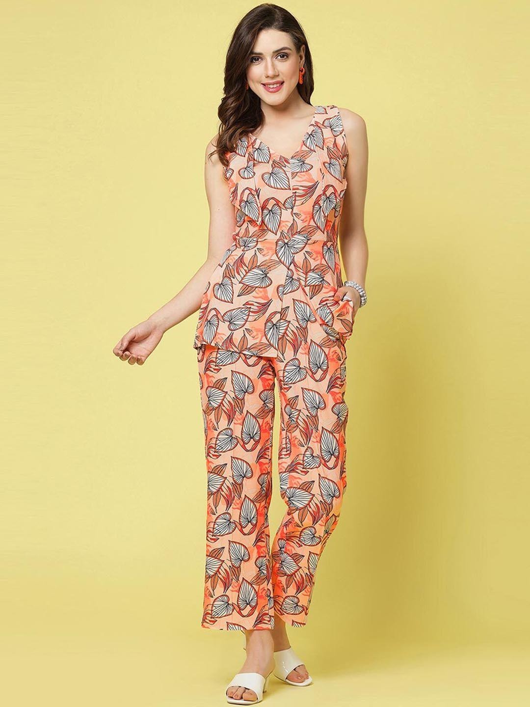 

Ashiya Fab Floral Printed V-Neck Sleeveless Top With Trousers, Peach