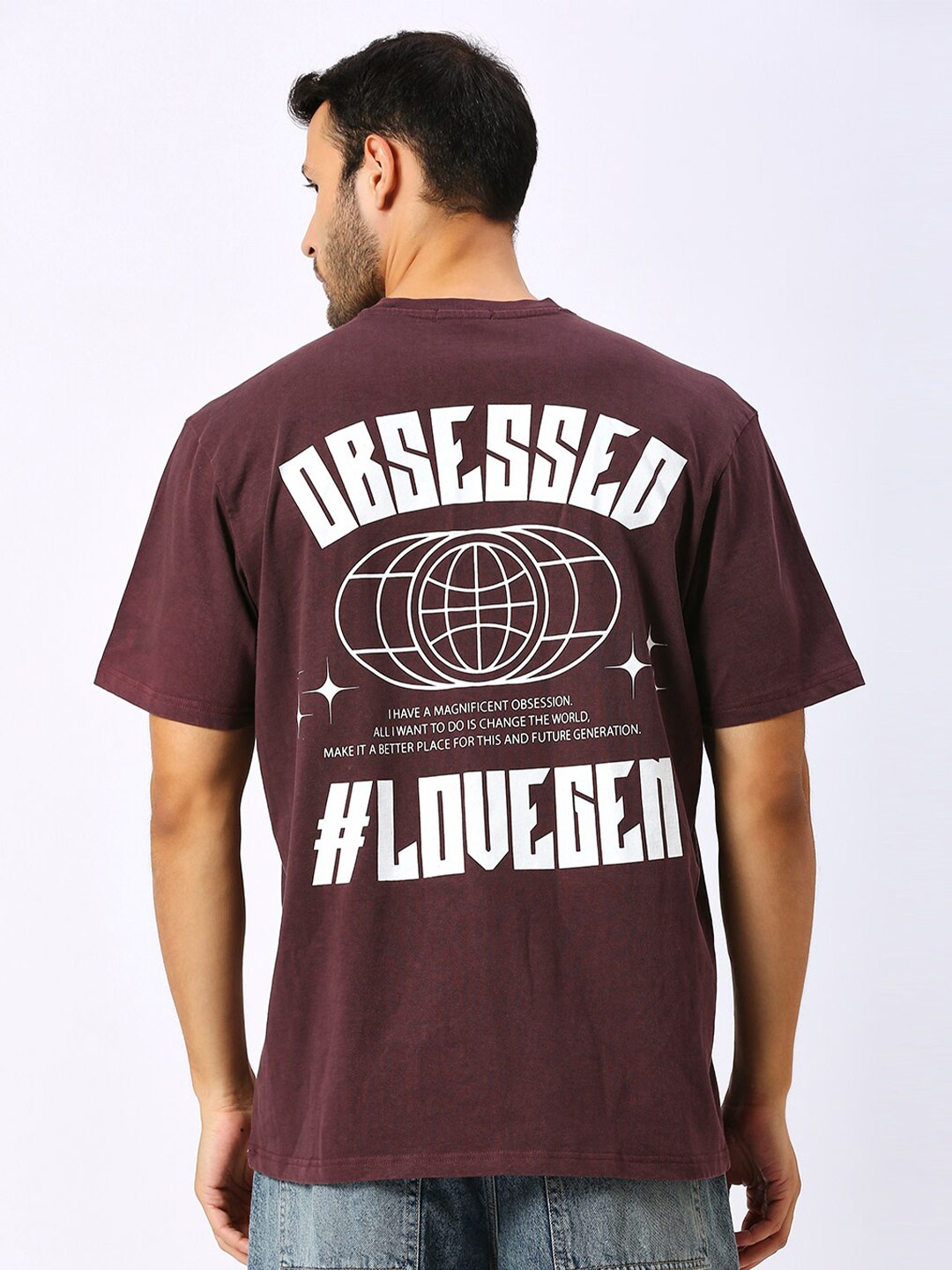 

LOVEGEN Men Round Neck Typography Printed Oversized T-shirt, Maroon