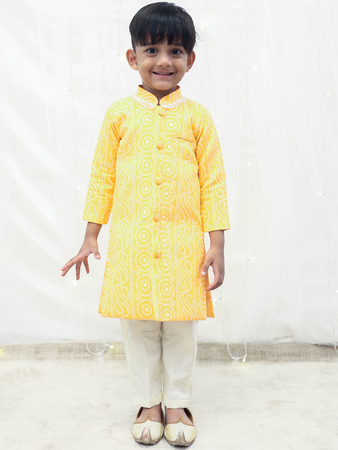 

Fayon Kids Boys Bandhani Printed Pure Cotton Kurta with Trousers, Yellow