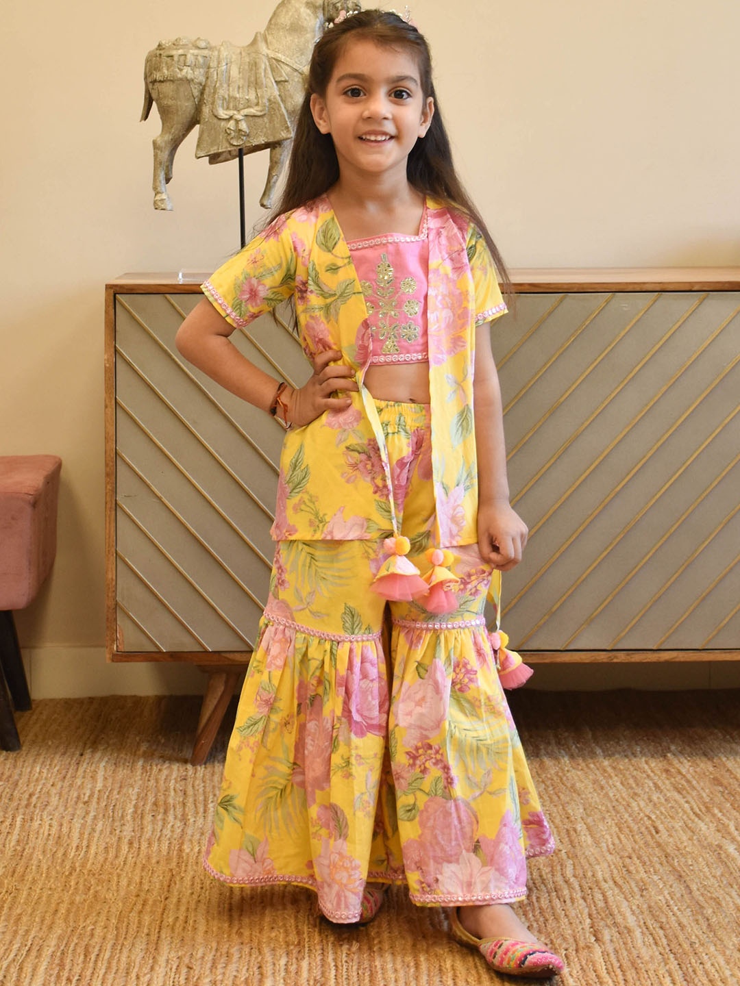 

Fayon Girls Embellished Pure Cotton Top With Sharara, Pink