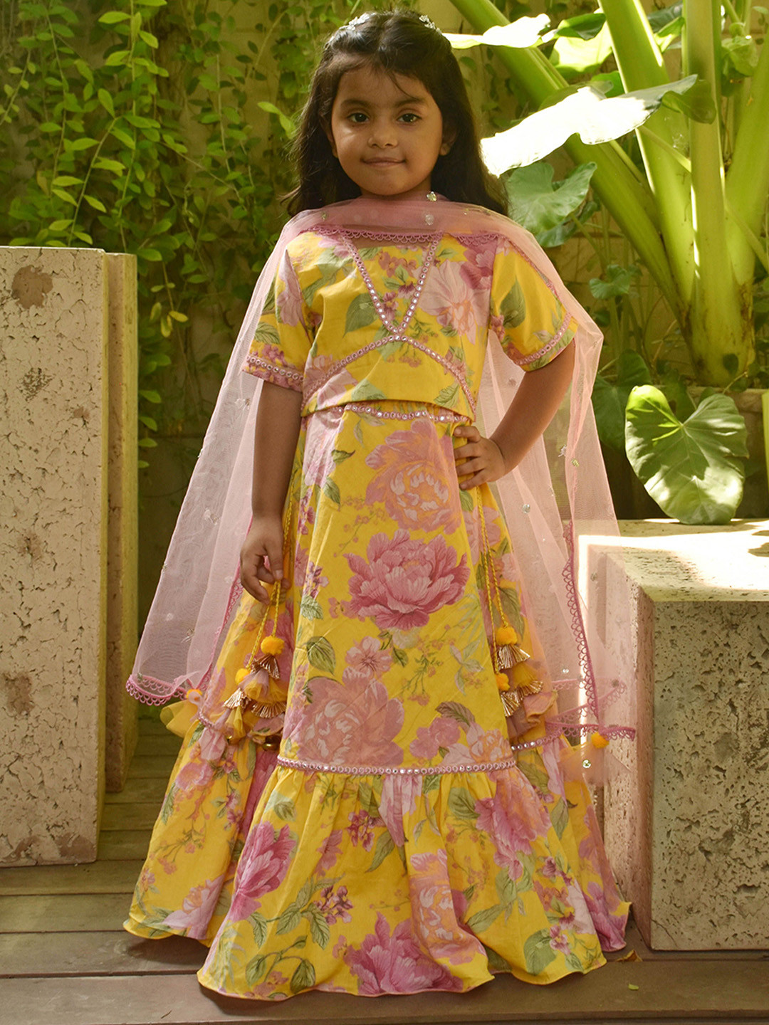 

Fayon Kids Girls Embellished Mirror Work Ready to Wear Lehenga & Blouse With Dupatta, Yellow