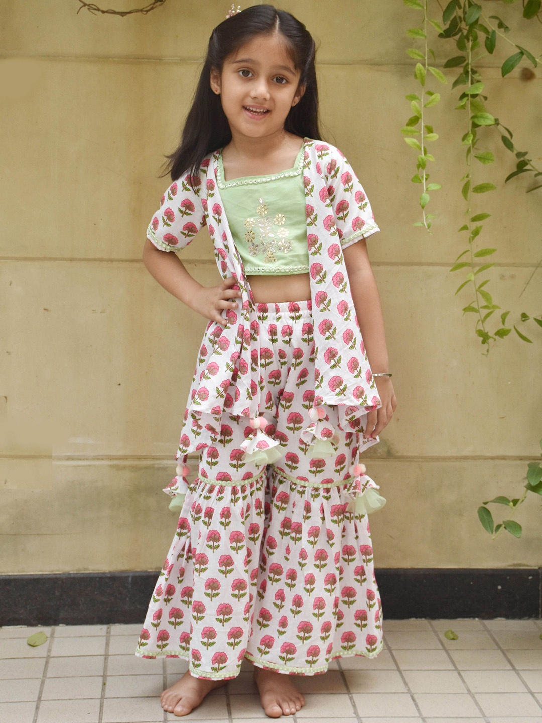 Fayon Girls Printed Pure Cotton Top With Sharara, Green