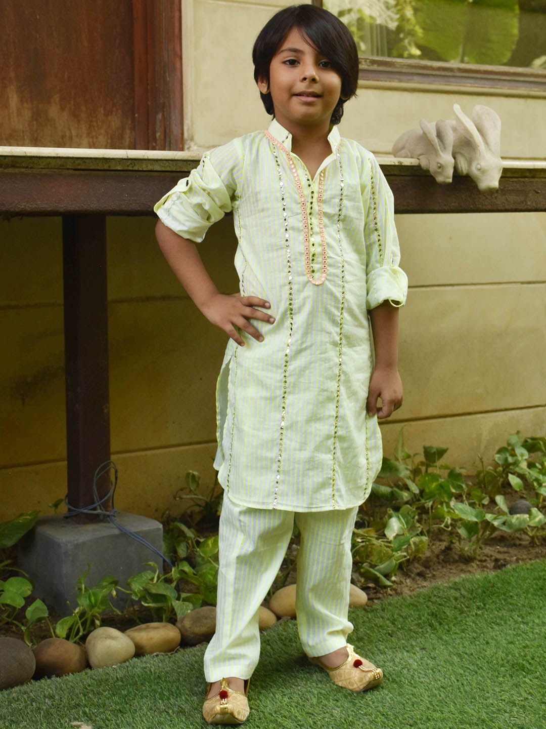 

Fayon Kids Boys Striped Printed Mirror Work Pure Cotton Kurta with Trousers, Green