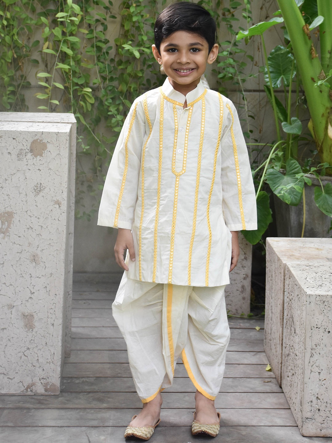 

Fayon Kids Boys Striped Printed Pure Cotton Mirror Work Kurta with Dhoti Pants, Off white