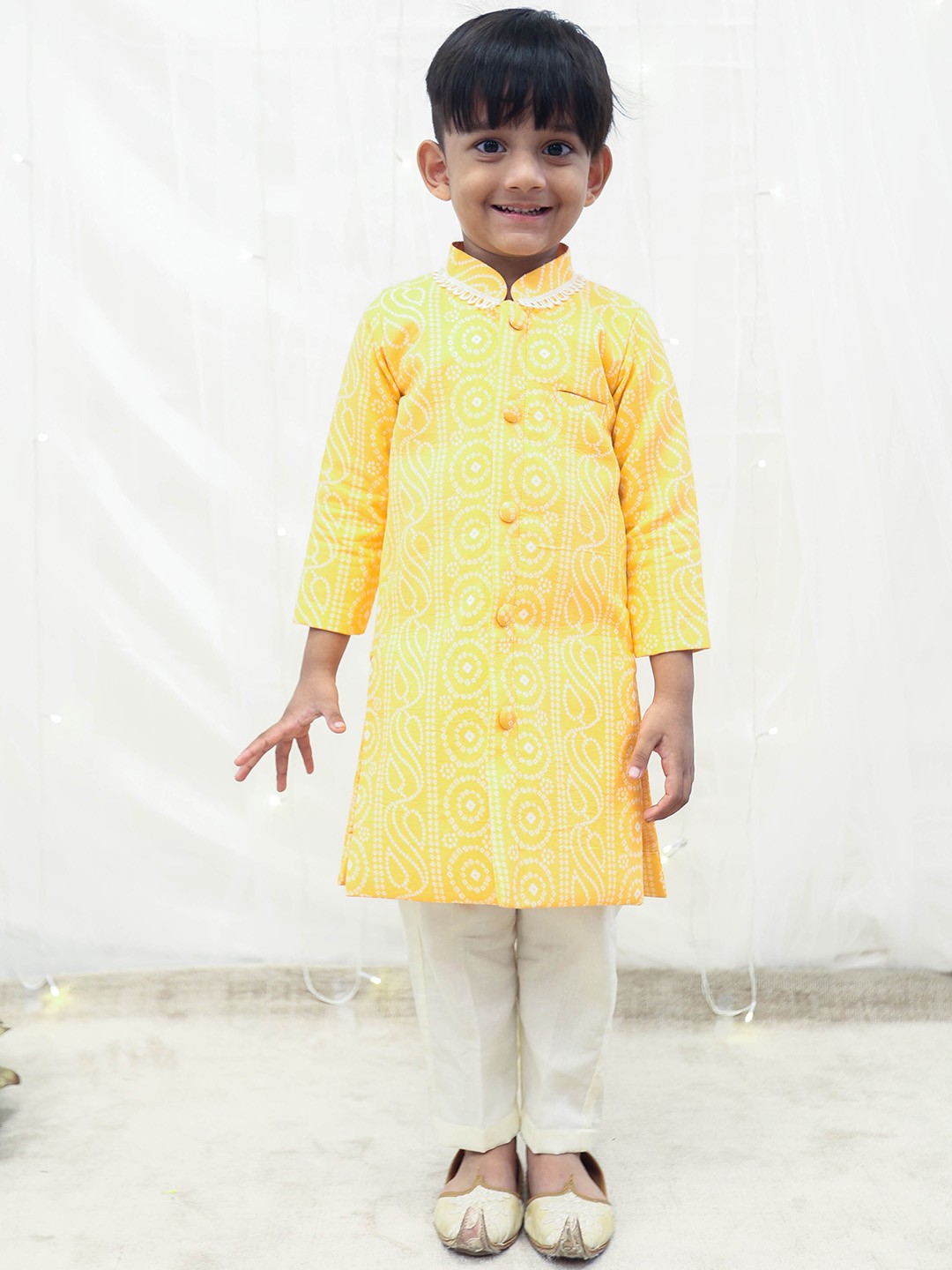 

Fayon Kids Boys Bandhani Printed Pure Cotton Kurta with Trousers, Yellow
