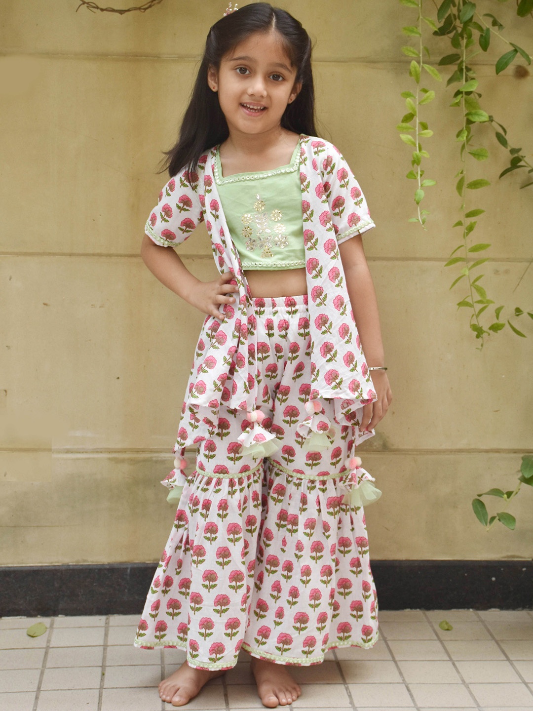 

Fayon Girls Printed Pure Cotton Top With Sharara, Green