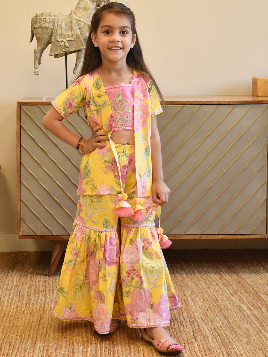 

Fayon Girls Printed Embellished Cotton Top With Sharara, Pink