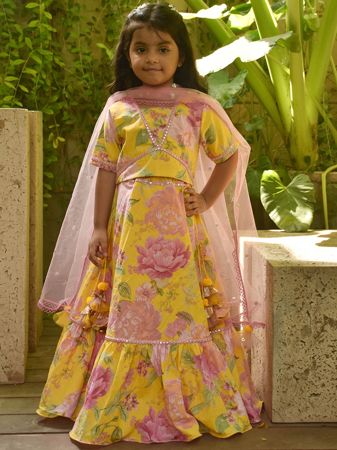 

Fayon Kids Girls Embellished Mirror Work Ready to Wear Lehenga & Blouse With Dupatta, Yellow