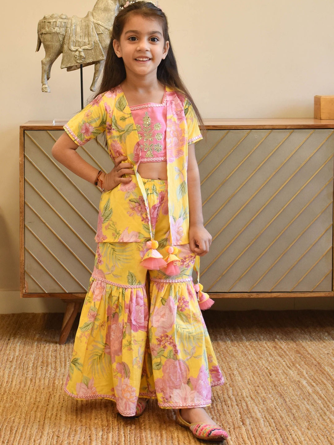 

Fayon Kids Girls Floral Printed Regular Pure Cotton Kurti with Sharara, Pink