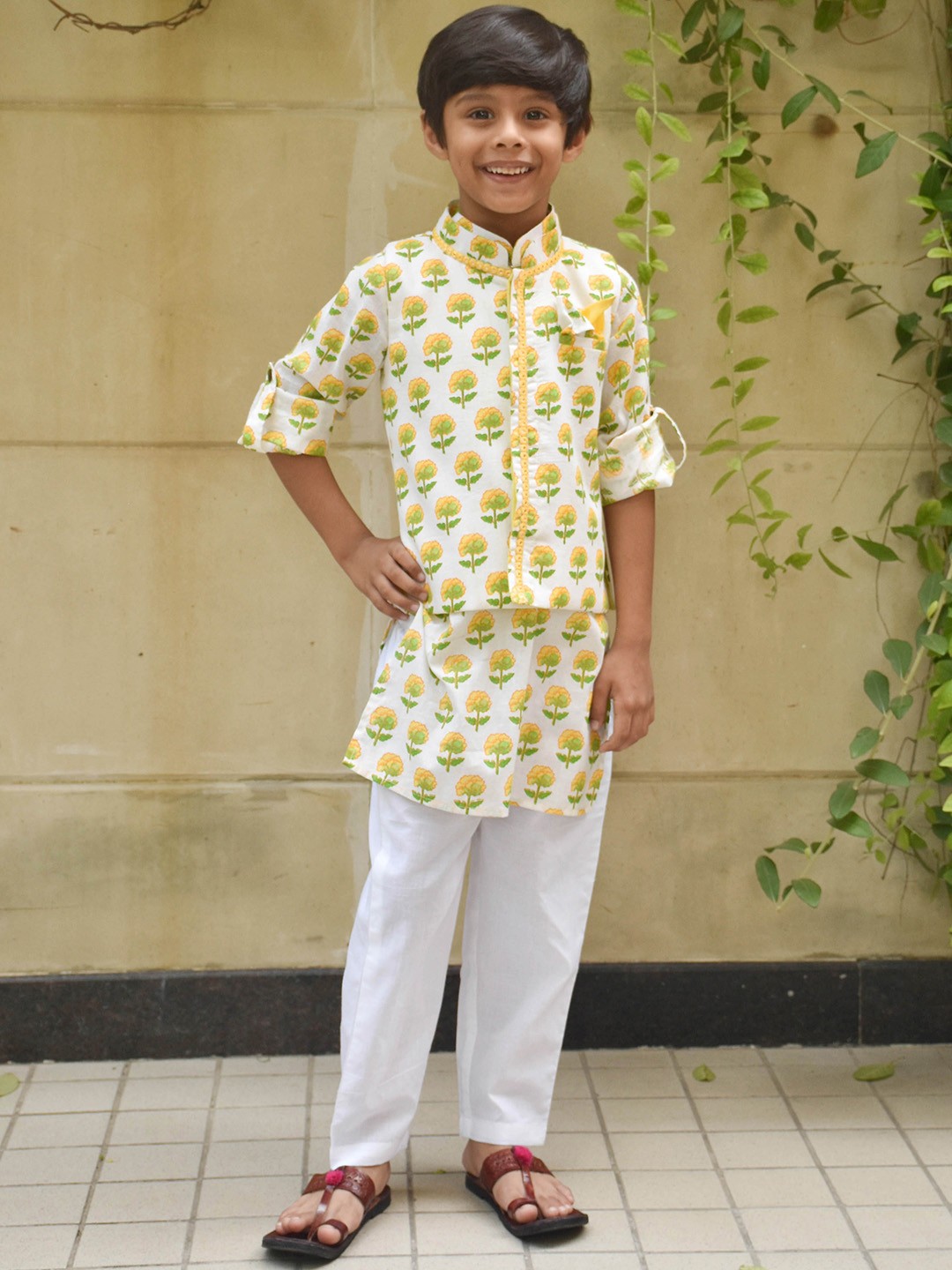 

Fayon Kids Boys Floral Printed Regular Pure Cotton Nehru Jacket and Kurta with Pant, Yellow