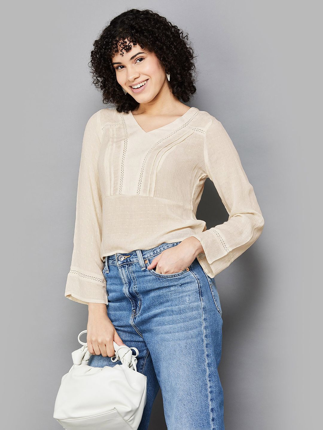 

Fame Forever by Lifestyle V-Neck Long Sleeves Regular Top, Beige