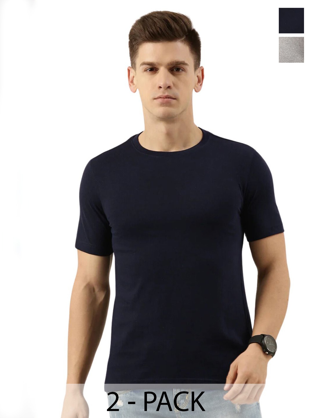 

Bene Kleed Pack Of 2 Round Neck Tshirts, Navy blue