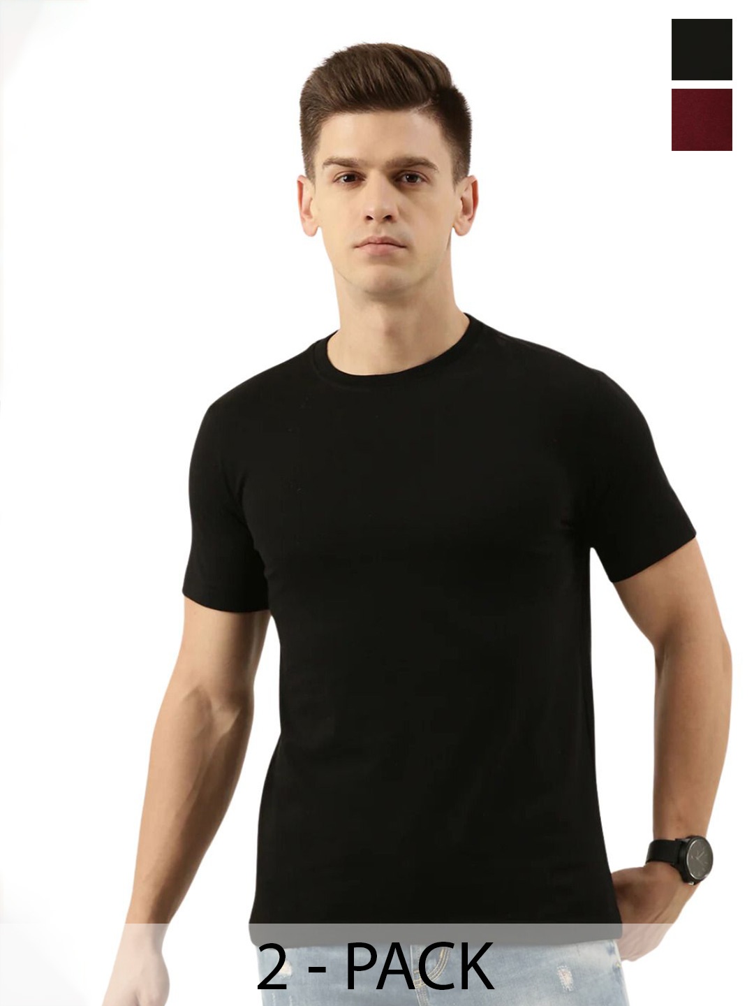 Bene Kleed Pack Of 2 Round Neck Tshirts, Black