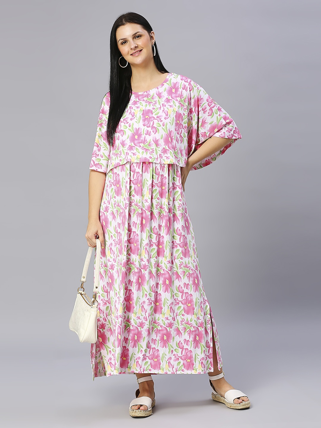 

True Shape Floral Print Flared Sleeves Layered Maternity Maxi Dress, Pink