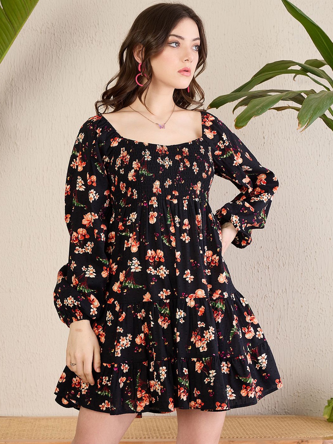 

MAGRE Women Floral Print Bell Sleeve A-Line Dress, Black