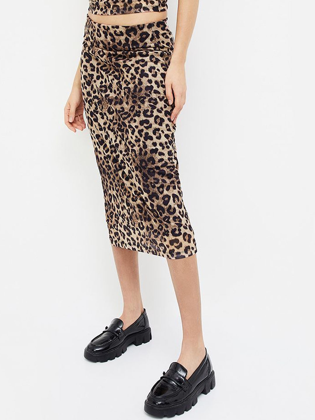 

Ginger by Lifestyle Animal Printed Straight Midi A-Line Skirt, Brown