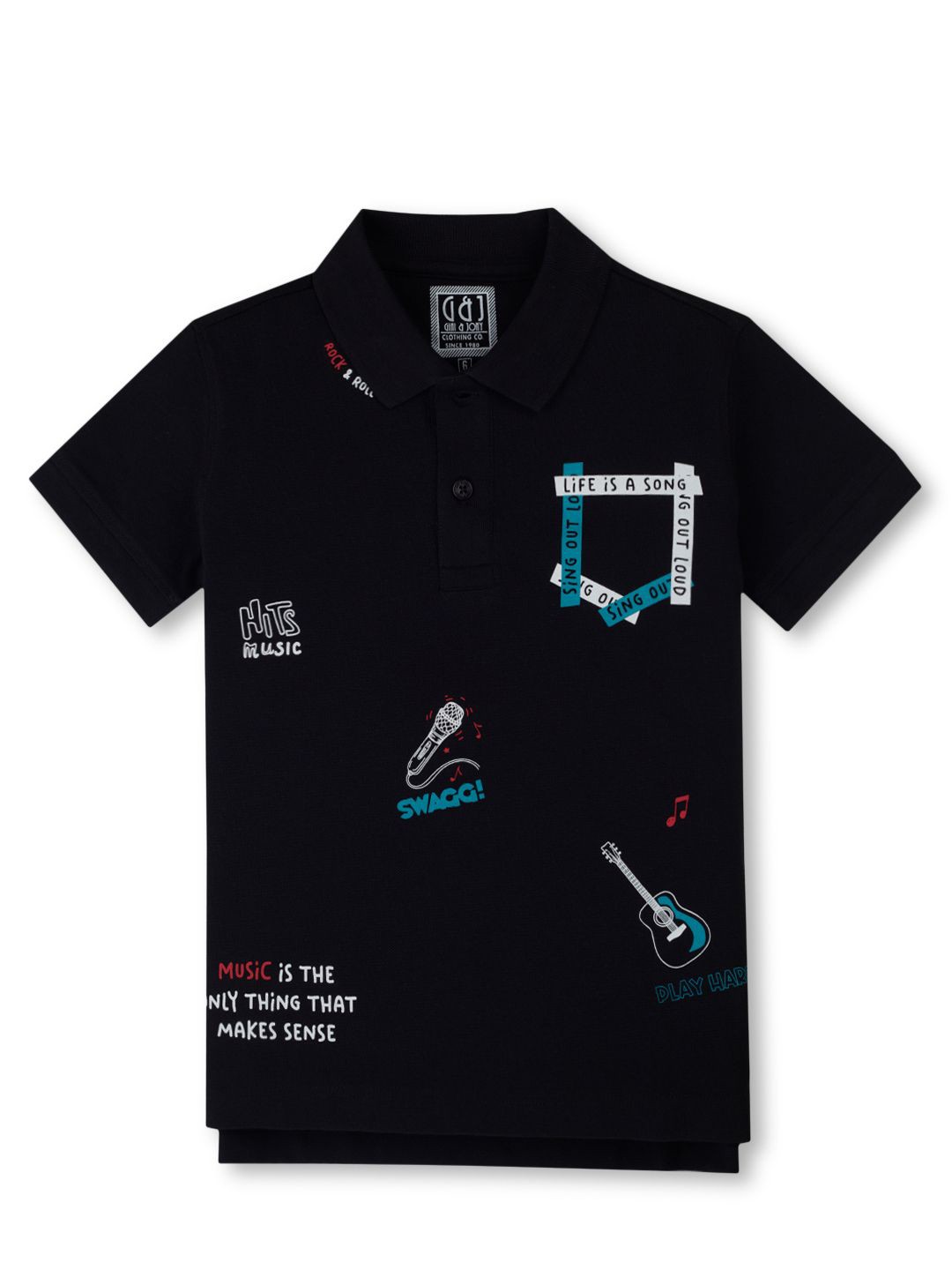 

Gini and Jony Boys Typography Printed Polo Collar Cotton T-shirt, Black
