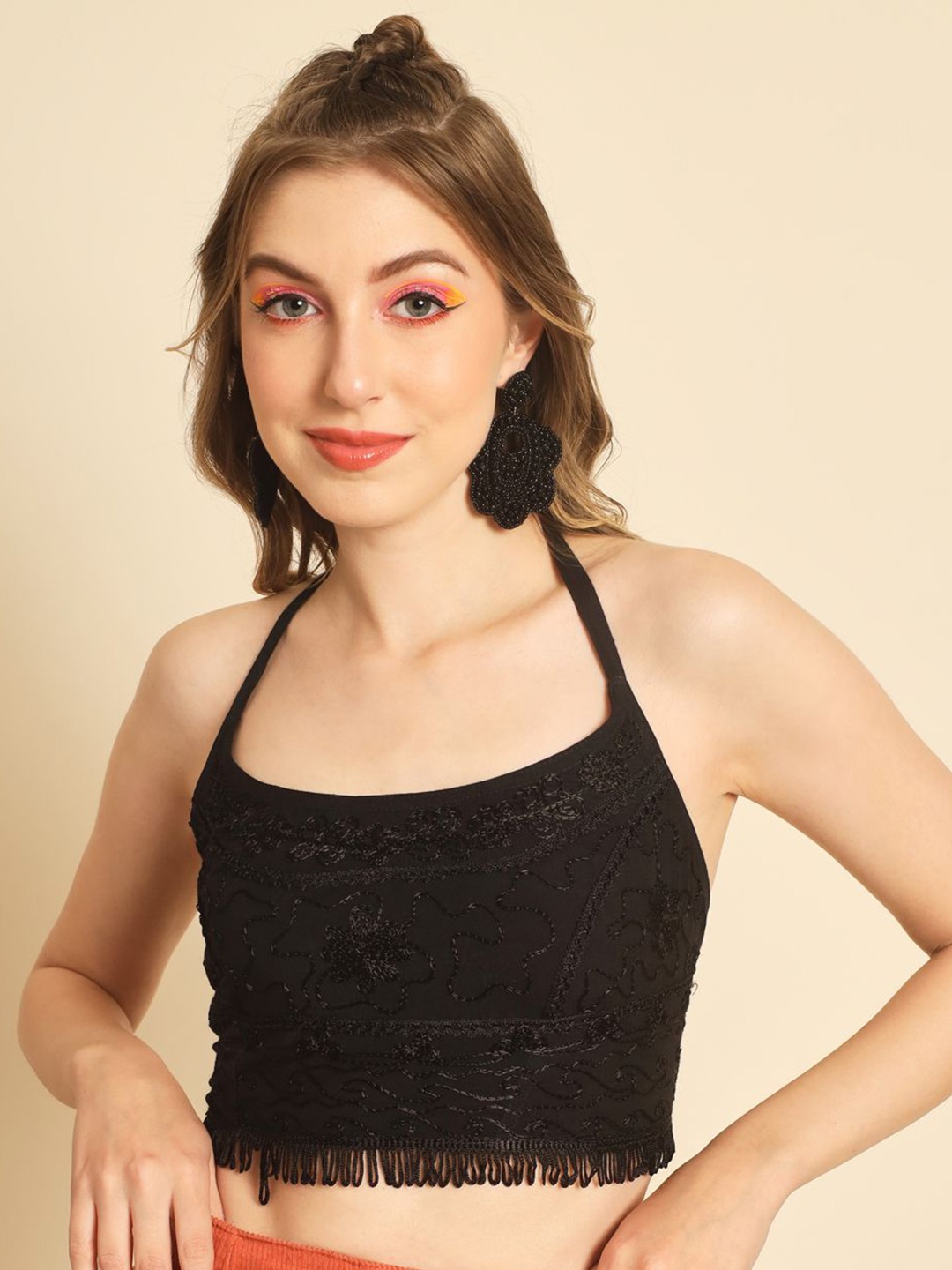 

TANDUL Floral Shoulder Straps Crop Top, Black