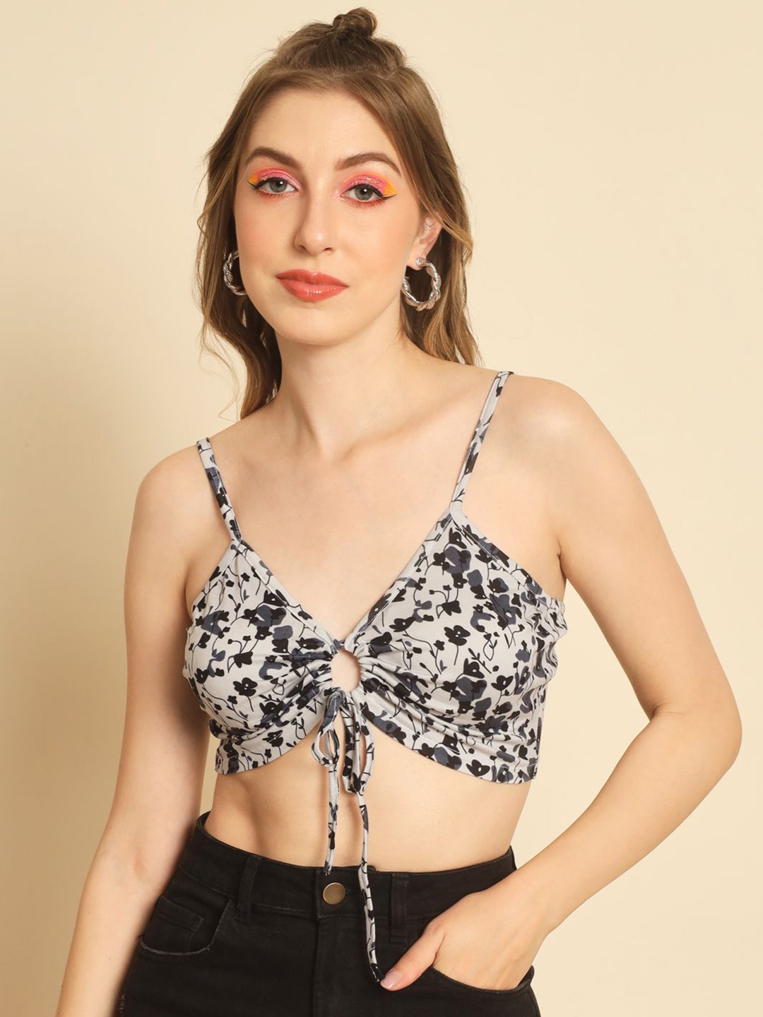 

TANDUL Floral Printed Bralette Crop Top, Grey