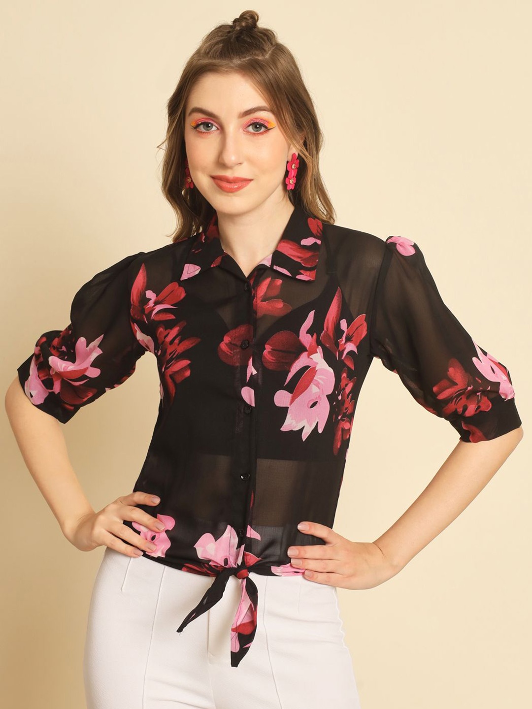 

TANDUL Comfort Floral Printed Semi Sheer Casual Shirt, Black