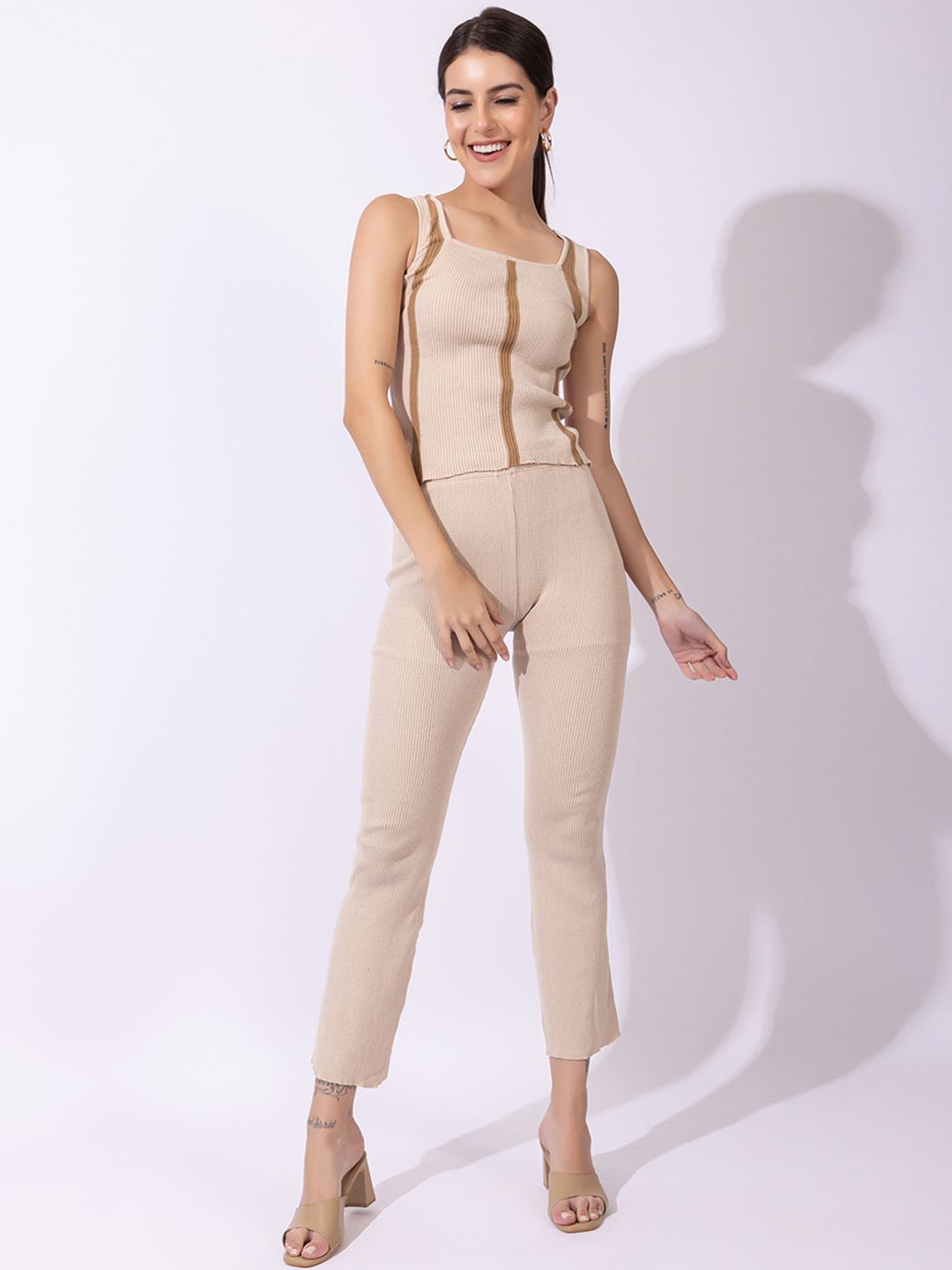

ARMISTO Self Design Shoulder Straps Pure Cotton Top With Trousers, Beige