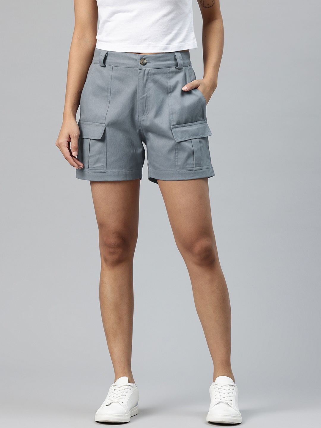 

Popnetic High-Rise Pure Cotton Cargo Shorts, Grey