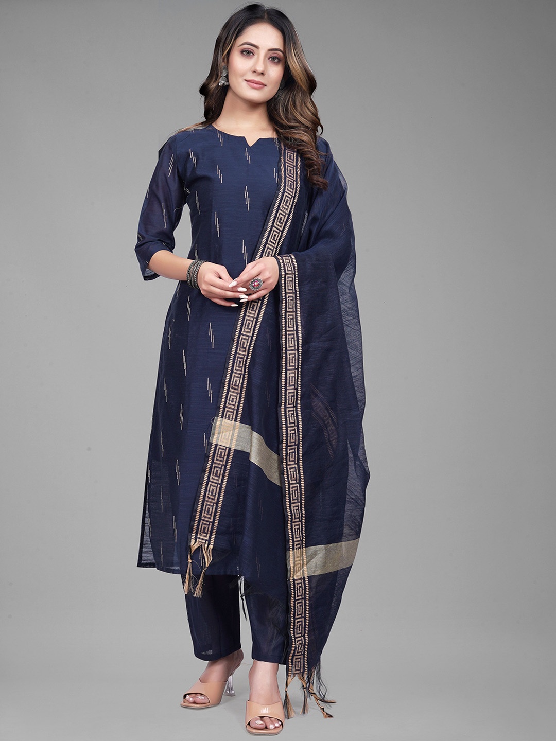 

revika Round Neck Regular Straight Kurta with Trousers & With Dupatta, Blue